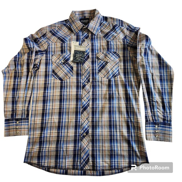 NEW Wrangler L-Tall Pearl Snap Long Sleeve Cotton/Poly‎ Western Cowboy Plaid NWT - Picture 2 of 4